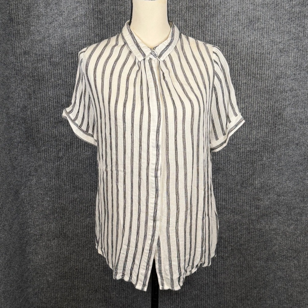 Mod Ref Minimalist Button Up Shirt Sz L Striped Short Sleeve Cotton Gauze Airy